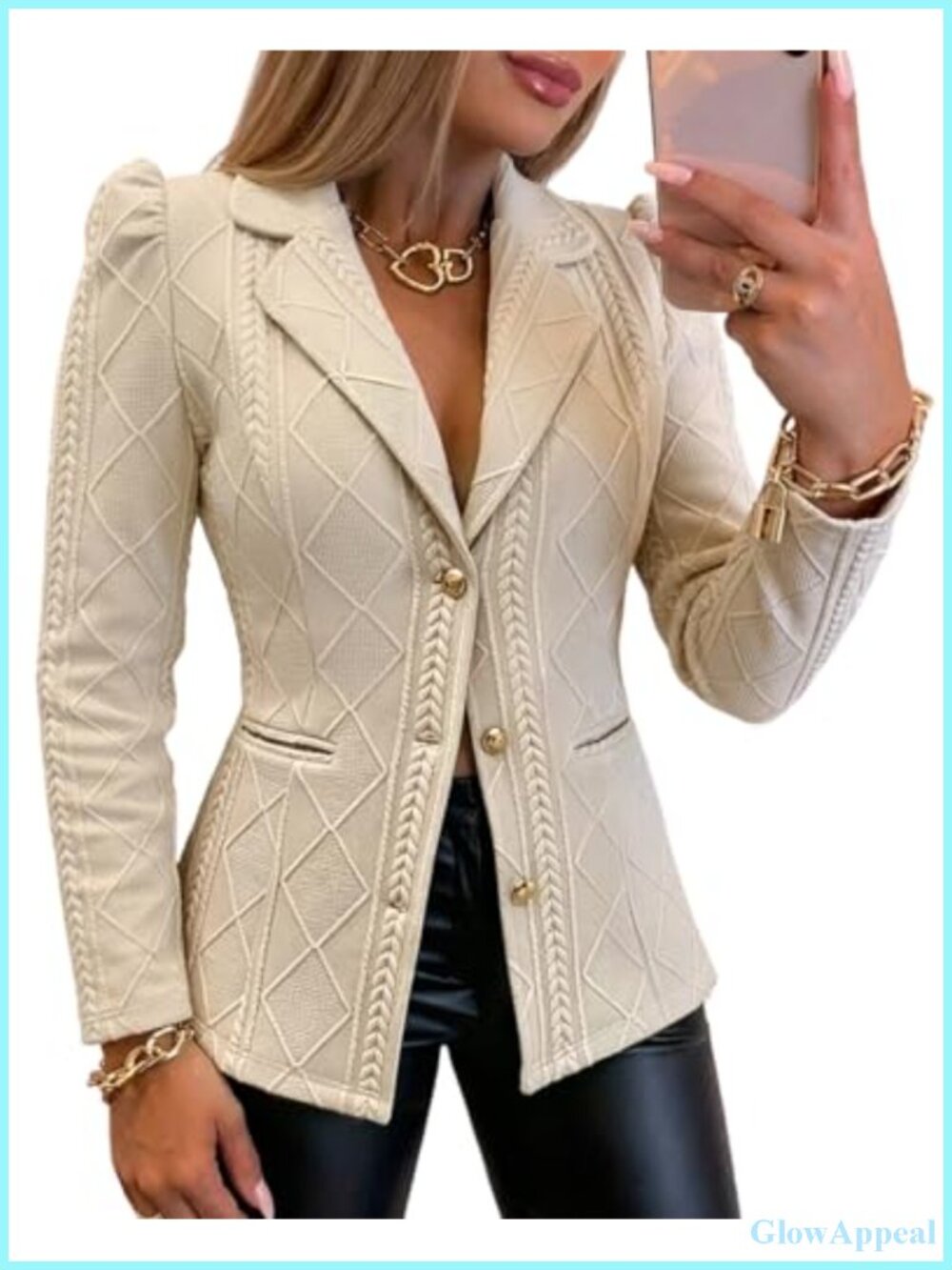 Argyle Knit Blazer Puff Sleeve Business Casual Jacket